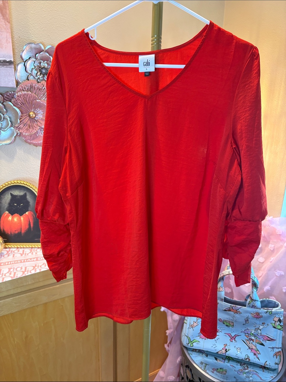CAbi Vibrant Red V-Neck Tunic with Gathered Sleeves